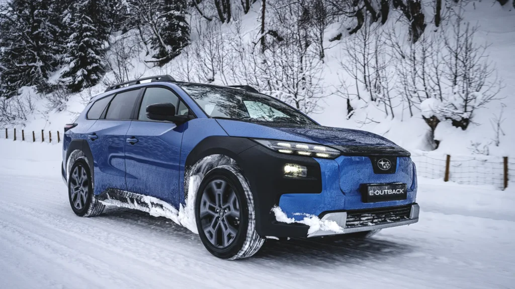 Blå Subaru E-Outback kjører på snødekt vei med trær og gjerde.